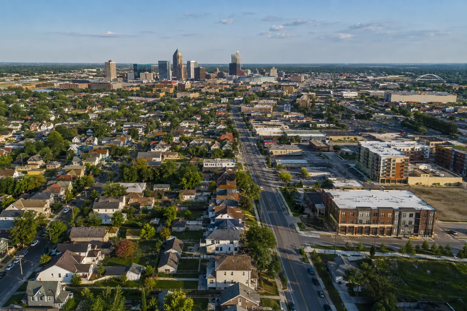 Aerial view of an American residential neighborhood and urban district