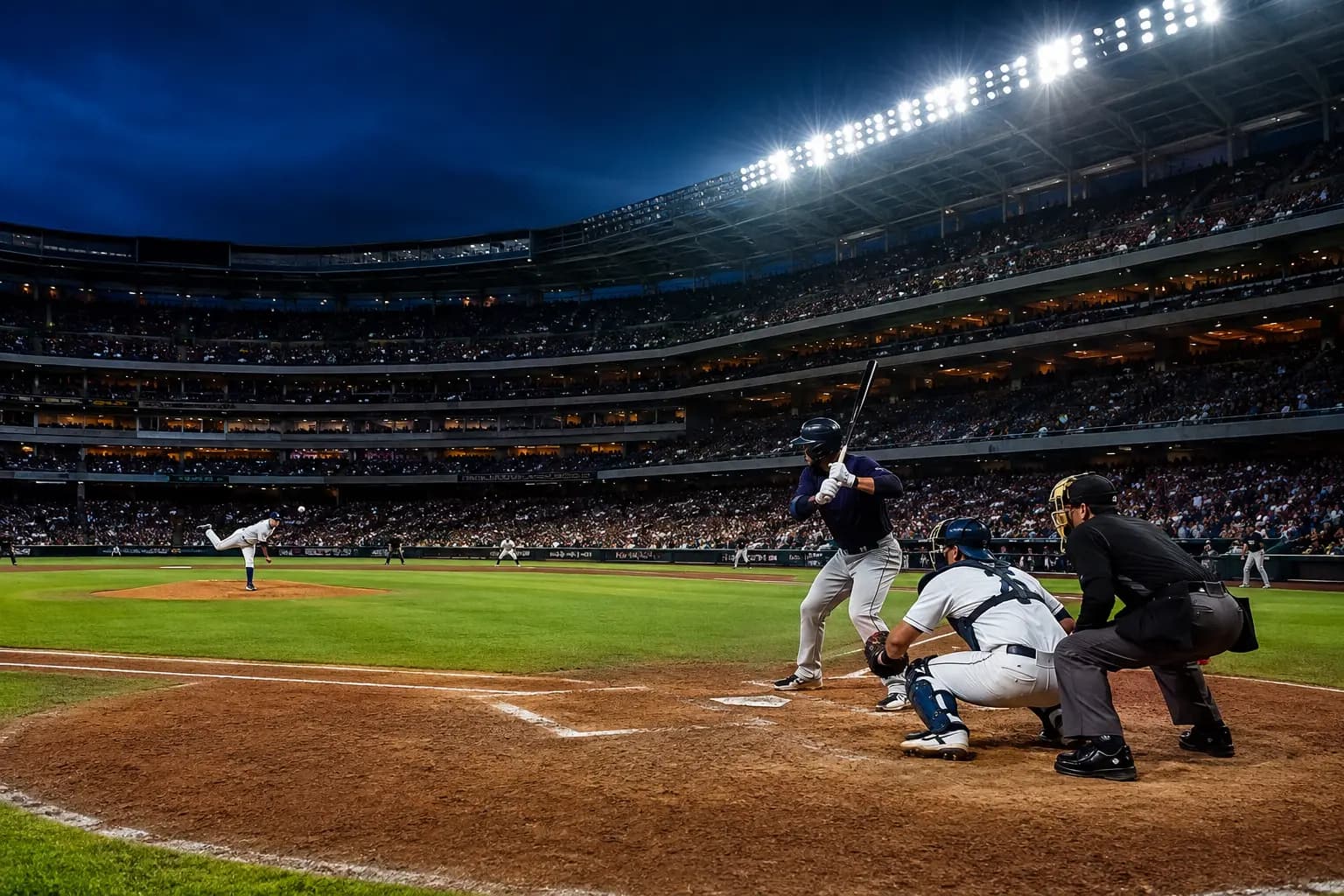 Professional baseball game under stadium lights at blue hour